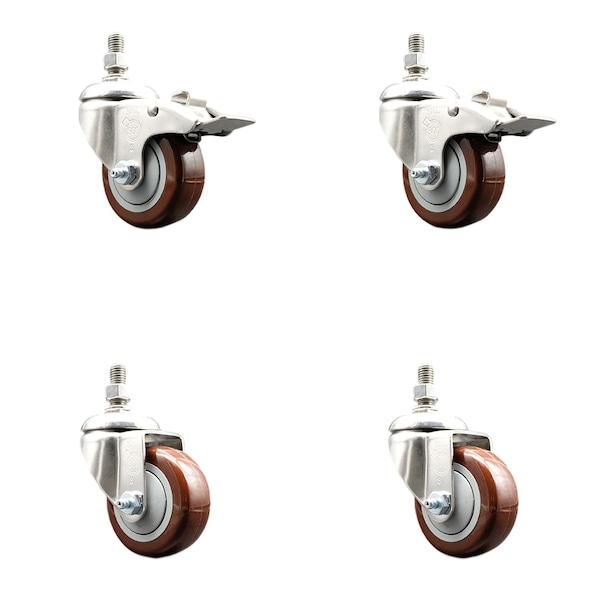 Service Caster 3 Inch 316SS Maroon Polyurethane 3/8 Inch Threaded Stem Caster Lock Brake, 2PK SS316TSTTL20S314-PPUB-MRN-381615-2S2 - main